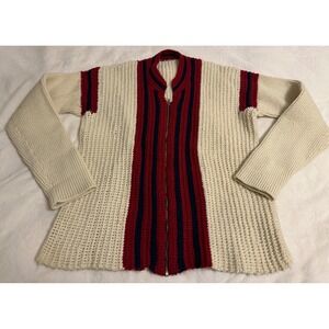 Vtg Handmade Men XL Chunky Knit Full Zip Cardigan Sweater Red White Blue Striped